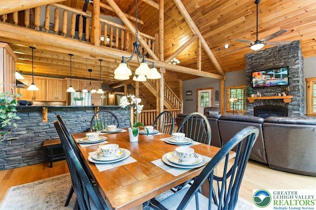 207 W Douglasville Rd, Bushkill Twp, PA 18064 - dining space featuring high vaulted ceiling, light wood-style flooring, wooden ceiling, a fireplace, and a chandelier