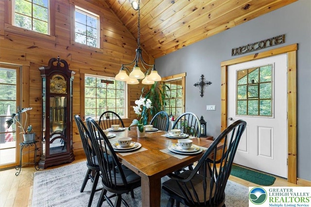 207 W Douglasville Rd, Bushkill Twp, PA 18064 - dining area featuring healthy amount of natural light, light wood-type flooring, wood ceiling, wooden walls, and high vaulted ceiling