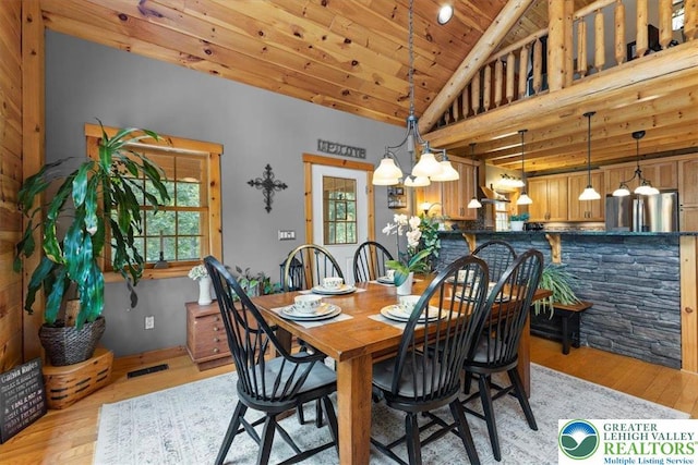 207 W Douglasville Rd, Bushkill Twp, PA 18064 - dining space with healthy amount of natural light, light wood-style flooring, wood ceiling, and high vaulted ceiling