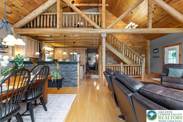 207 W Douglasville Rd, Bushkill Twp, PA 18064 - living area with high vaulted ceiling, light wood-style floors, a wooden ceiling with exposed beams, and stairs