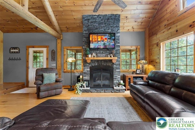 207 W Douglasville Rd, Bushkill Twp, PA 18064 - living room with wood ceiling, healthy amount of natural light, wood finished floors, a stone fireplace, and wood walls