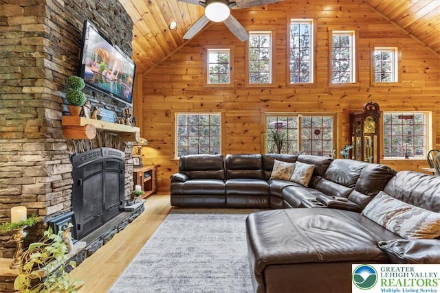 207 W Douglasville Rd, Bushkill Twp, PA 18064 - living area with lofted ceiling, healthy amount of natural light, wood ceiling, wood finished floors, and ceiling fan