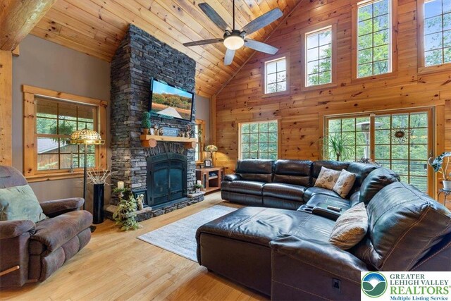 207 W Douglasville Rd, Bushkill Twp, PA 18064 - living area with high vaulted ceiling, ceiling fan, wooden ceiling, wood walls, and a fireplace