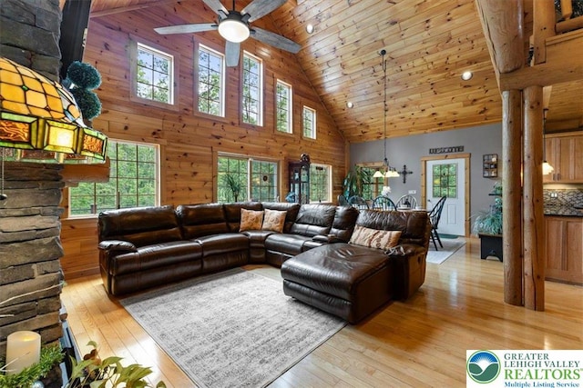 207 W Douglasville Rd, Bushkill Twp, PA 18064 - living room featuring high vaulted ceiling, healthy amount of natural light, wooden ceiling, ceiling fan, and light wood-type flooring