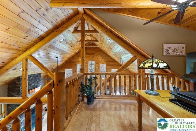 207 W Douglasville Rd, Bushkill Twp, PA 18064 - hall featuring wood-type flooring, wooden ceiling, and an upstairs landing