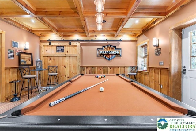207 W Douglasville Rd, Bushkill Twp, PA 18064 - playroom with wainscoting, wooden walls, a wood ceiling with exposed beams, pool table, and coffered ceiling