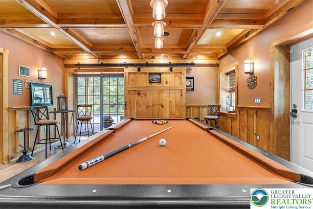 207 W Douglasville Rd, Bushkill Twp, PA 18064 - playroom with a wooden ceiling with exposed beams, a wainscoted wall, plenty of natural light, wood walls, and billiards table