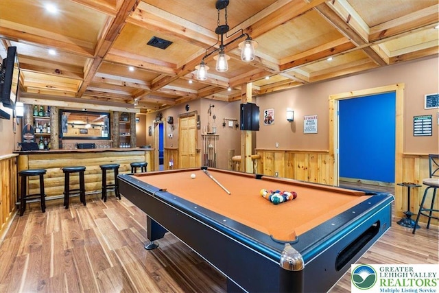 207 W Douglasville Rd, Bushkill Twp, PA 18064 - game room with wood finished floors, wood walls, bar, coffered ceiling, and wainscoting