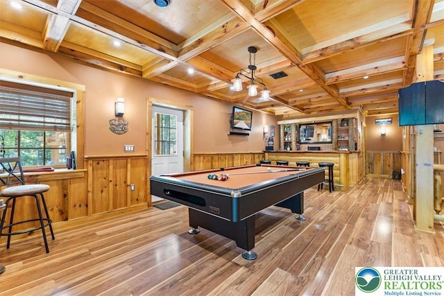 207 W Douglasville Rd, Bushkill Twp, PA 18064 - game room with a wainscoted wall, light wood-style flooring, billiards, beam ceiling, and coffered ceiling