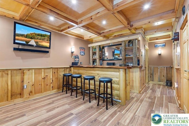 207 W Douglasville Rd, Bushkill Twp, PA 18064 - indoor bar with wood finished floors, a wainscoted wall, beam ceiling, and coffered ceiling