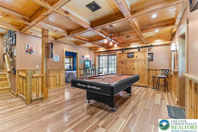 207 W Douglasville Rd, Bushkill Twp, PA 18064 - playroom featuring light wood-style floors, billiards, a barn door, a wainscoted wall, and wooden walls