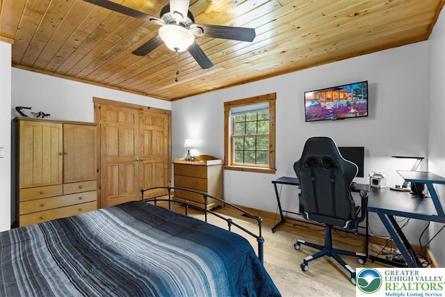 207 W Douglasville Rd, Bushkill Twp, PA 18064 - bedroom featuring wood ceiling, light wood-style flooring, crown molding, an office area, and a ceiling fan