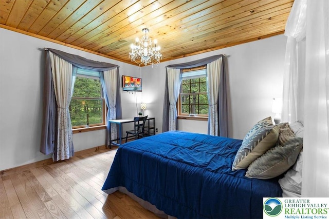 207 W Douglasville Rd, Bushkill Twp, PA 18064 - bedroom featuring multiple windows, wooden ceiling, a chandelier, and hardwood / wood-style floors