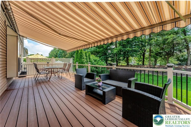 1536 Cambridge Dr, Lower Macungie Twp, PA 18062 - wooden terrace featuring outdoor dining space, an outdoor hangout area, and view of wooded area