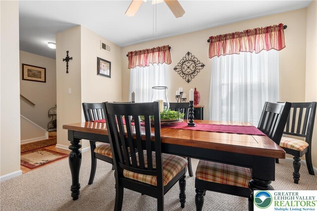 7 Rosemont Ct, Palmer Twp, PA 18045 - dining area featuring carpet, ceiling fan, and stairs