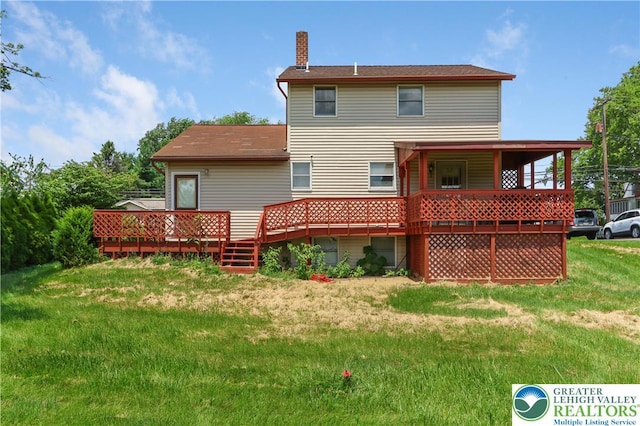 5396 Nor Bath Blvd, East Allen Twp, PA 18067 - back of property featuring a deck, a yard, and a chimney