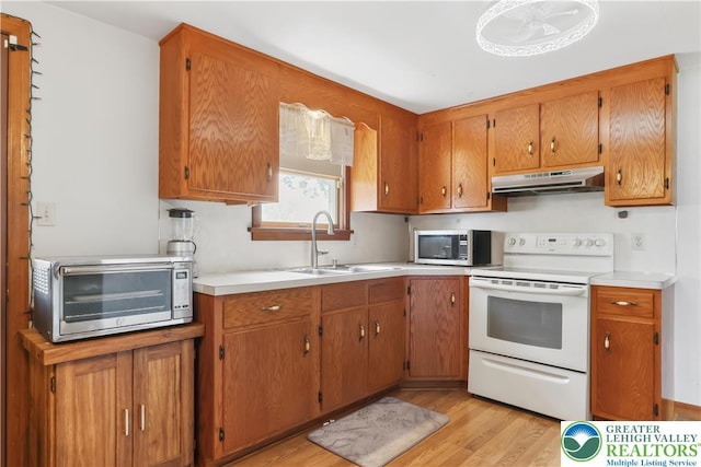5396 Nor Bath Blvd, East Allen Twp, PA 18067 - kitchen with white electric range, under cabinet range hood, stainless steel microwave, light wood finished floors, and light countertops