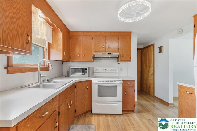 5396 Nor Bath Blvd, East Allen Twp, PA 18067 - kitchen with white electric range, light wood finished floors, under cabinet range hood, stainless steel microwave, and light countertops