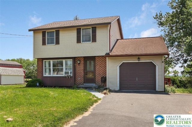 5396 Nor Bath Blvd, East Allen Twp, PA 18067 - colonial house with a garage, asphalt driveway, a front yard, cooling unit, and brick siding