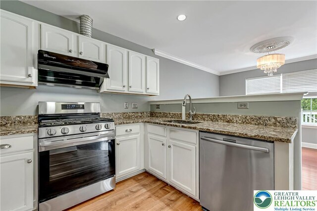 6945 Hunt Dr, Lower Macungie Twp, PA 18062 - kitchen featuring stainless steel appliances, exhaust hood, a peninsula, white cabinetry, and crown molding