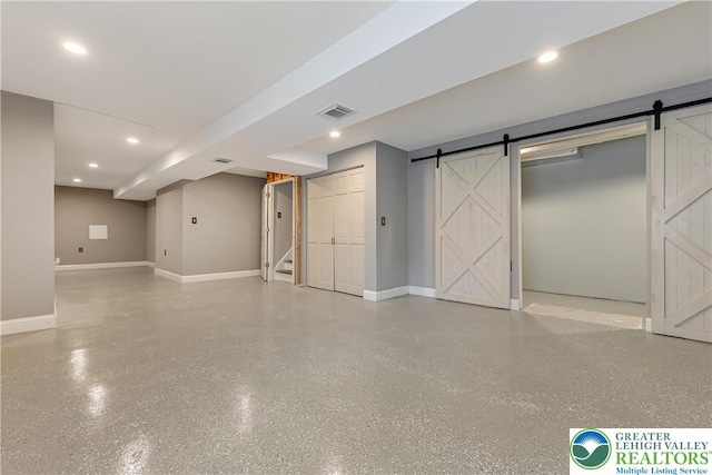 6945 Hunt Dr, Lower Macungie Twp, PA 18062 - finished basement with a barn door, recessed lighting, and stairs
