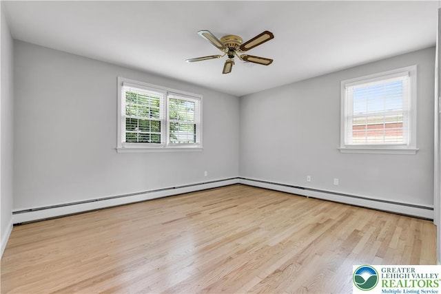 3032 W Woodlawn St, South Whitehall Twp, PA 18104 - unfurnished room with baseboard heating, plenty of natural light, wood finished floors, and a ceiling fan