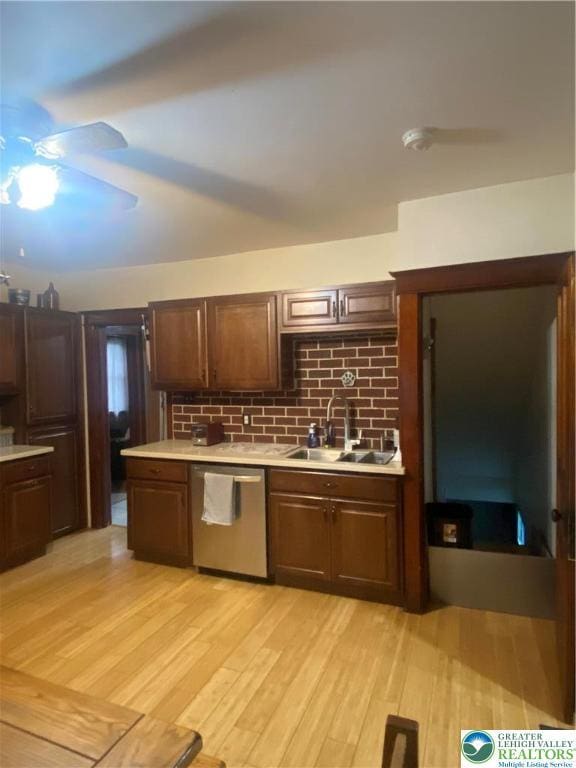 733 Nazareth Pike, Lower Nazareth Twp, PA 18064 - kitchen featuring stainless steel dishwasher, light countertops, ceiling fan, light wood-style floors, and backsplash