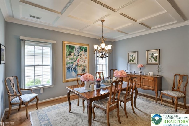 4076 Pine Hurst Dr, Allen Twp, PA 18067 - dining room featuring light wood-style floors, coffered ceiling, a chandelier, crown molding, and beamed ceiling