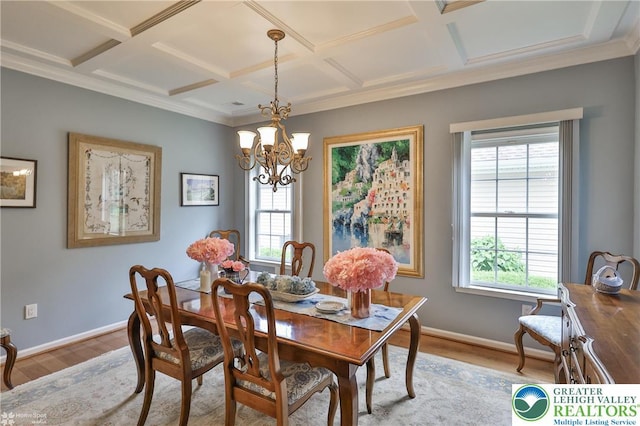 4076 Pine Hurst Dr, Allen Twp, PA 18067 - dining room with coffered ceiling, wood finished floors, a chandelier, and crown molding