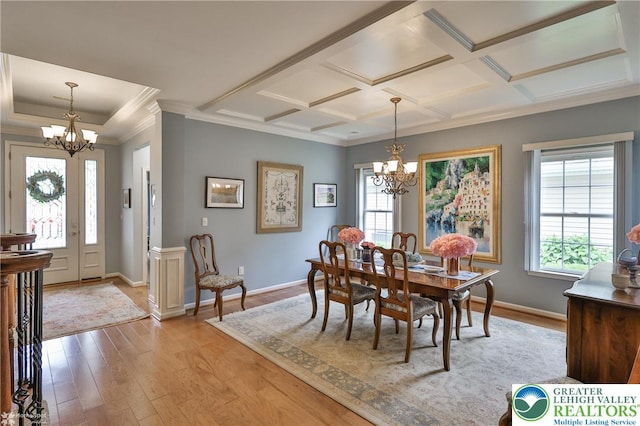 4076 Pine Hurst Dr, Allen Twp, PA 18067 - dining space with a chandelier, healthy amount of natural light, light wood-style floors, crown molding, and coffered ceiling