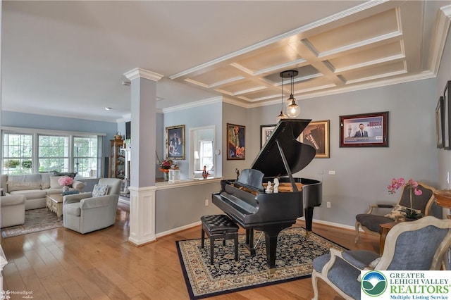 4076 Pine Hurst Dr, Allen Twp, PA 18067 - living area featuring decorative columns, coffered ceiling, healthy amount of natural light, light wood-style flooring, and ornamental molding