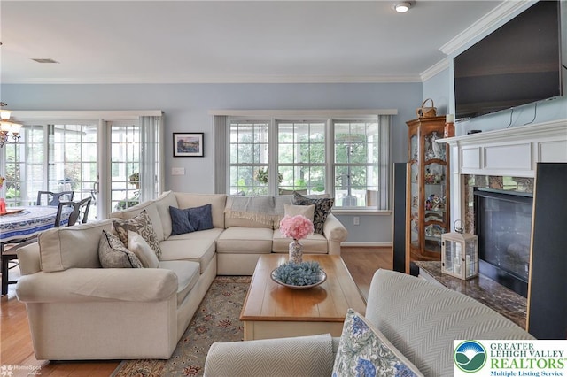 4076 Pine Hurst Dr, Allen Twp, PA 18067 - living area with a premium fireplace, wood finished floors, ornamental molding, and a chandelier