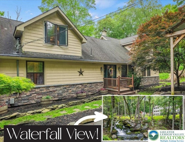 1079 Marshalls Creek Rd, Middle Smithfield Twp, PA 18302 - view of front facade with roof with shingles, stone siding, and a chimney