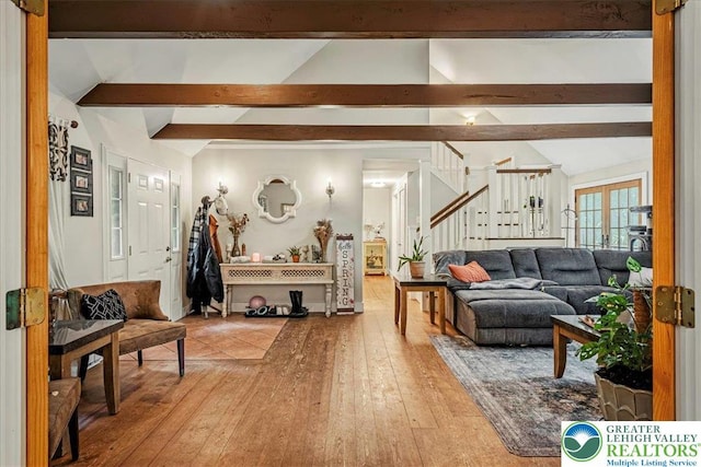 1079 Marshalls Creek Rd, Middle Smithfield Twp, PA 18302 - living room featuring stairs and hardwood / wood-style floors