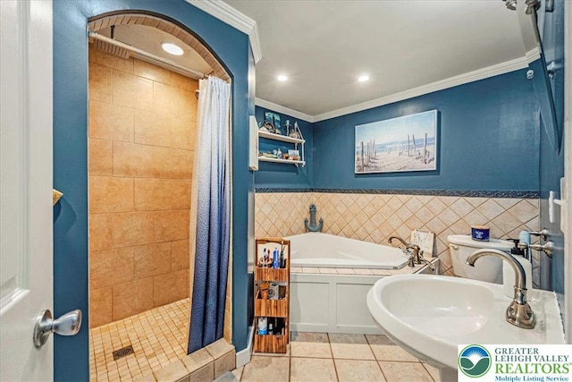 1079 Marshalls Creek Rd, Middle Smithfield Twp, PA 18302 - full bath with ornamental molding, tile patterned flooring, a garden tub, a stall shower, and tile walls