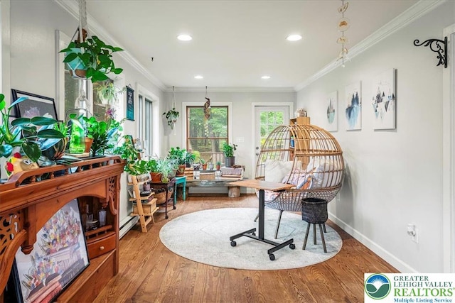 1079 Marshalls Creek Rd, Middle Smithfield Twp, PA 18302 - living area with wood finished floors, recessed lighting, crown molding, and a baseboard heating unit