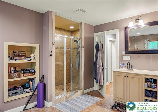 1079 Marshalls Creek Rd, Middle Smithfield Twp, PA 18302 - bathroom featuring a stall shower, vanity, and tile patterned flooring