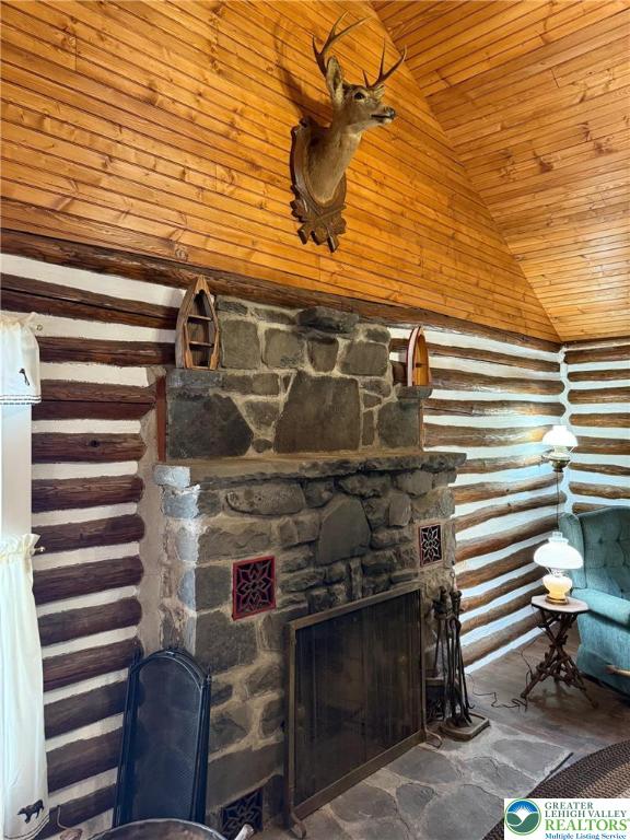 521 Resica Falls Rd, East Stroudsburg, PA 18302 - detailed view of wooden ceiling and a fireplace