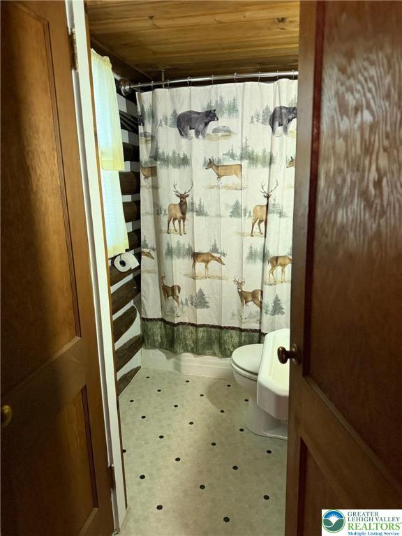 521 Resica Falls Rd, East Stroudsburg, PA 18302 - full bath featuring wood ceiling and a shower with shower curtain