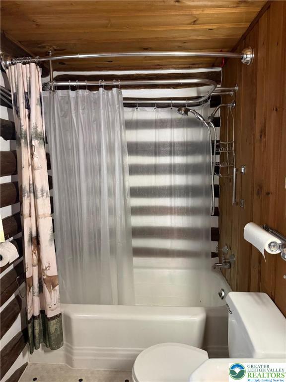 521 Resica Falls Rd, East Stroudsburg, PA 18302 - bathroom featuring wood ceiling and shower / bath combo