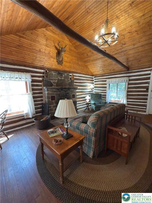 521 Resica Falls Rd, East Stroudsburg, PA 18302 - living room featuring rustic walls, a wood ceiling with exposed beams, hardwood / wood-style floors, a chandelier, and high vaulted ceiling