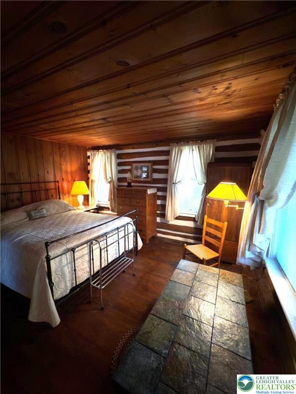 521 Resica Falls Rd, East Stroudsburg, PA 18302 - bedroom featuring wooden ceiling, wood finished floors, and wooden walls