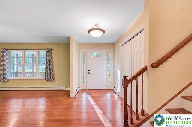 119 Savage Trl, Smithfield Twp, PA 18301 - foyer entrance with a baseboard heating unit, wood finished floors, and stairs