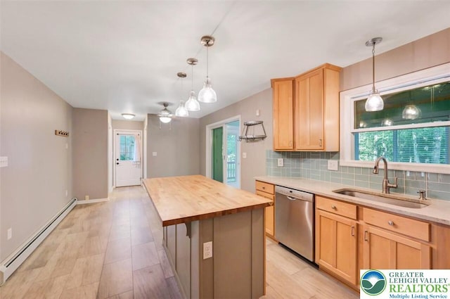 119 Savage Trl, Smithfield Twp, PA 18301 - kitchen with stainless steel dishwasher, a baseboard radiator, butcher block counters, light brown cabinetry, and backsplash