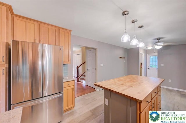 119 Savage Trl, Smithfield Twp, PA 18301 - kitchen featuring freestanding refrigerator, butcher block countertops, light brown cabinets, and ceiling fan