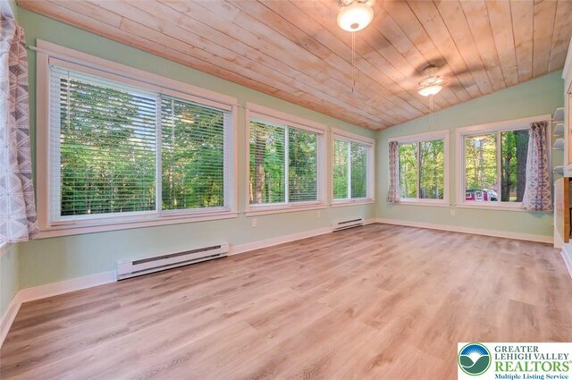 119 Savage Trl, Smithfield Twp, PA 18301 - unfurnished sunroom with a baseboard heating unit, vaulted ceiling, wood finished floors, and wooden ceiling