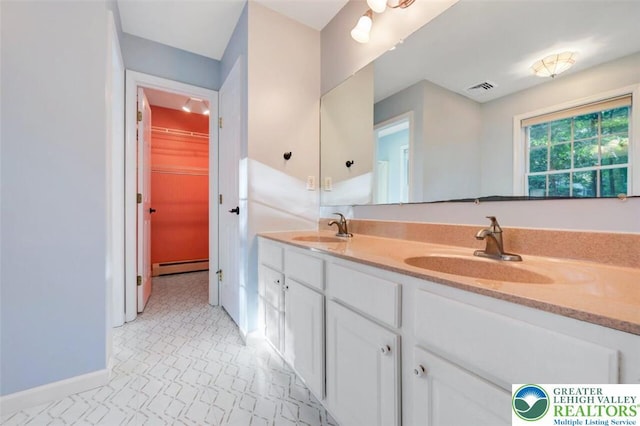 119 Savage Trl, Smithfield Twp, PA 18301 - bathroom featuring a baseboard heating unit, double vanity, and a spacious closet