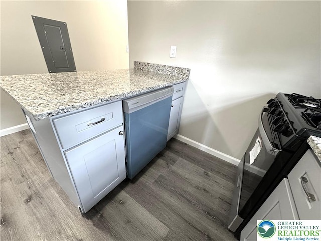 801 W Broad, Bethlehem City, PA 18018 - kitchen featuring dishwashing machine, electric panel, a peninsula, gas stove, and dark wood-type flooring