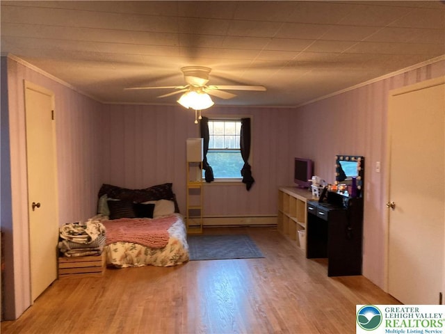 5984 Rte 412, Springfield Twp, PA 18077 - bedroom with light wood finished floors, a baseboard heating unit, ornamental molding, and ceiling fan