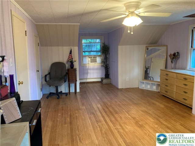 5984 Rte 412, Springfield Twp, PA 18077 - office featuring light wood-style flooring, a baseboard heating unit, ornamental molding, a ceiling fan, and cooling unit